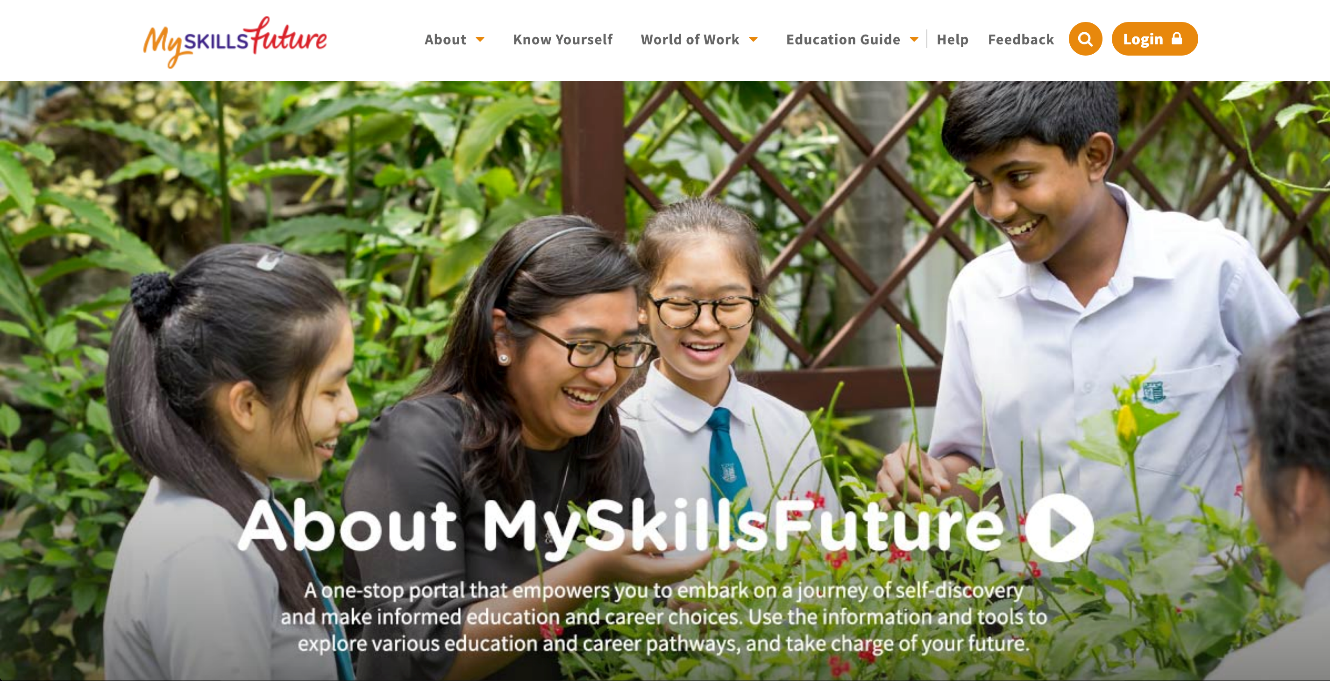 MySkillsFuture website homepage showing four smiling students outdoors with navigation menu and descriptive text below.